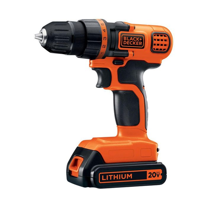 A cordless drill is upright, with a black chuck and an orange body. It displays a lithium battery label and adjustable torque settings.