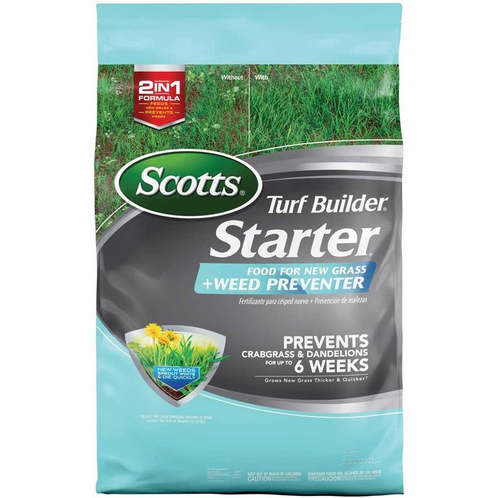 A bag of Scotts Turf Builder Starter fertilizer sits against a green grass background, promoting growth for new grass and prevention of crabgrass and dandelions.