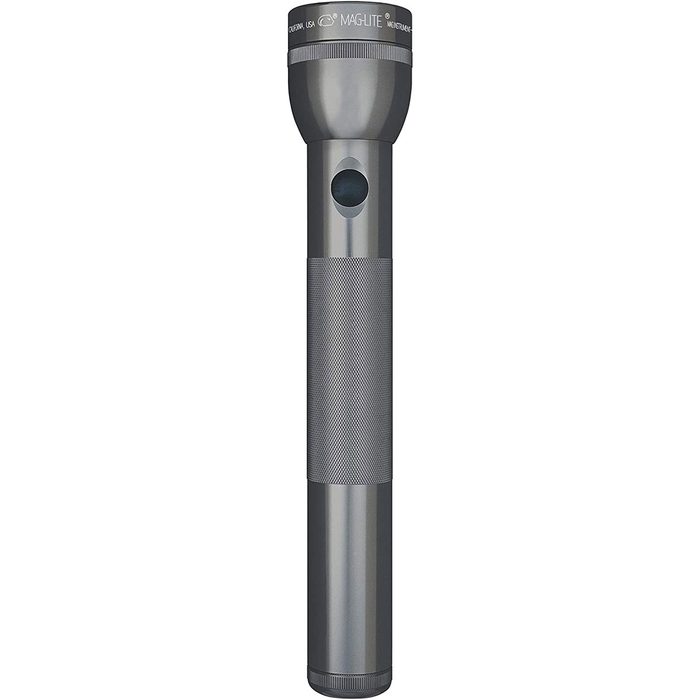 A silver flashlight stands upright, designed for illumination, featuring a textured grip and a power button, against a plain backdrop.