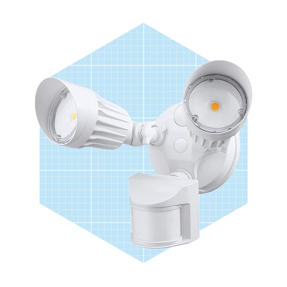 A dual-head security light is mounted on a wall, illuminating an area. It features motion detection and adjustable light angles for effective coverage.