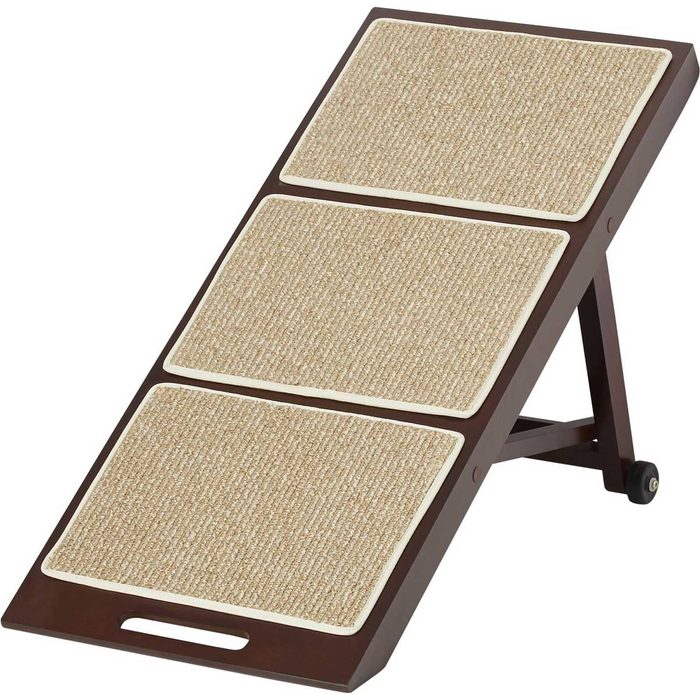 A sloped scratching ramp with three textured pads stands upright, designed for pets to scratch or climb, made of wood with a brown finish.
