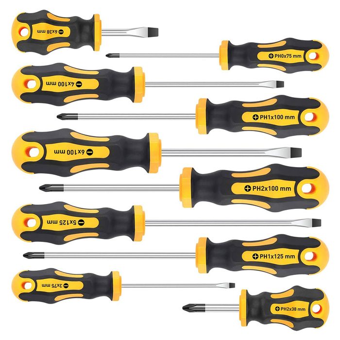 A set of screwdrivers with yellow and black handles is arranged horizontally, showcasing various lengths and types, suitable for different screw applications.