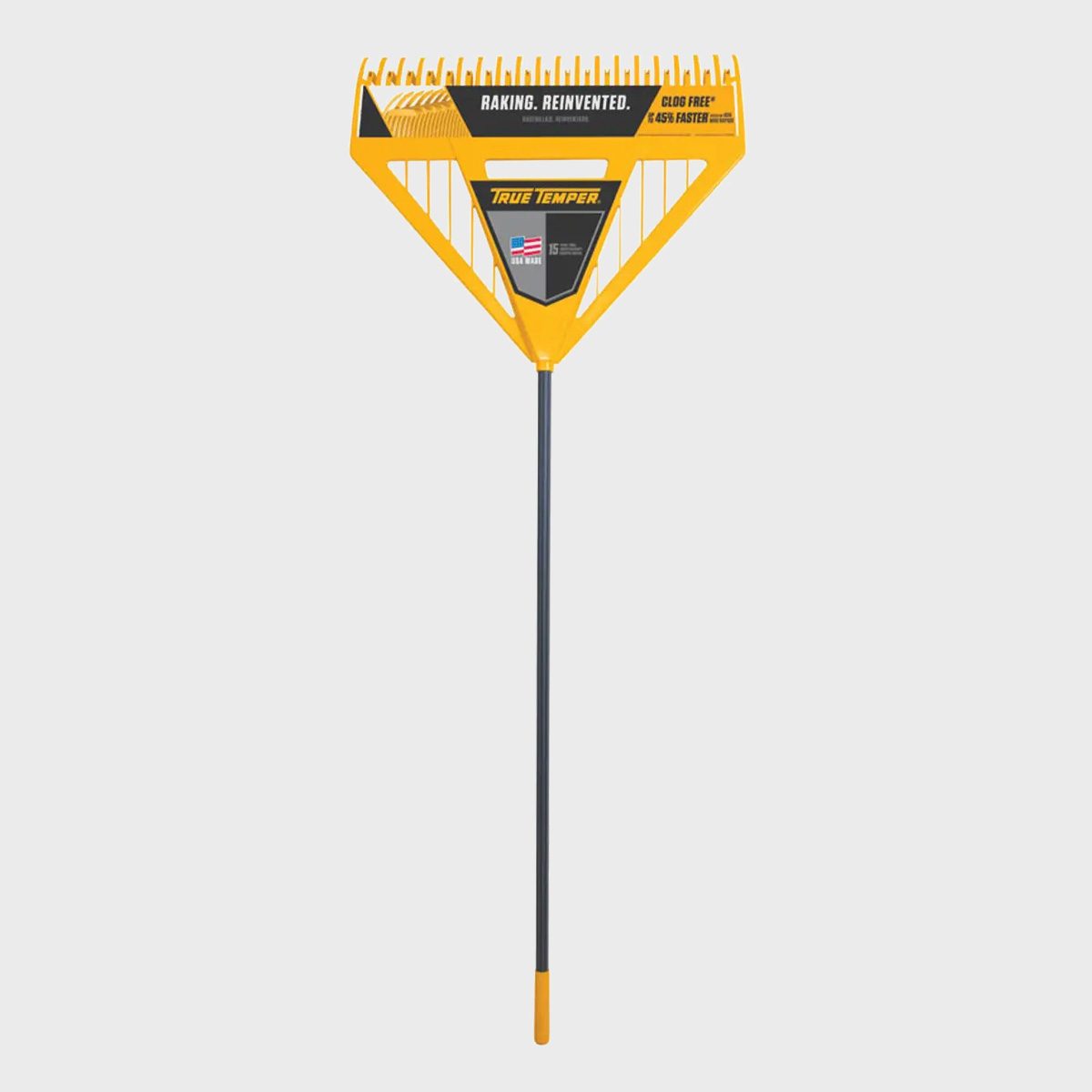 A triangular yellow rake stands upright on a plain background, designed for easily gathering leaves and debris, promoting efficient yard maintenance.