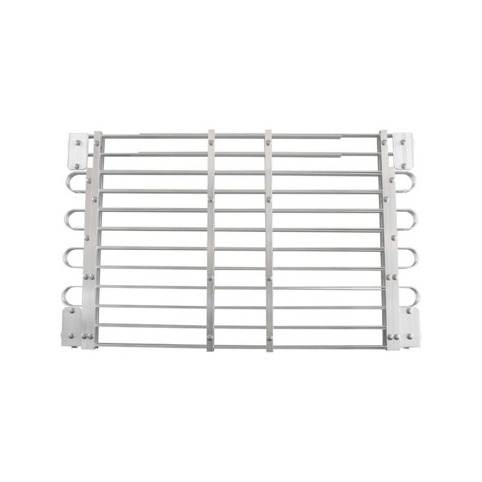 A metal grilling rack features several horizontal bars, designed for cooking or cooling. It rests flat against a plain background, ready for use.