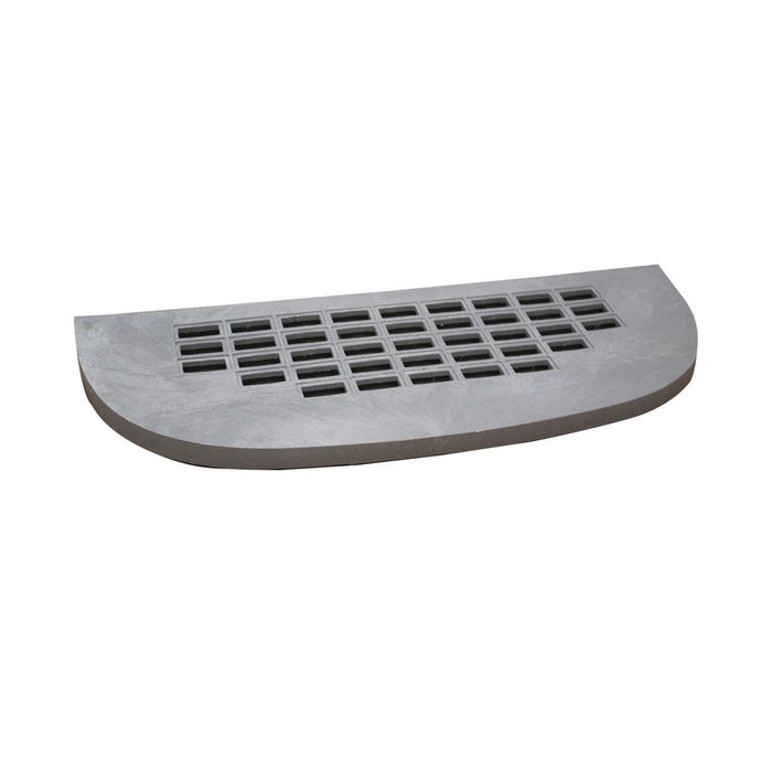 A rectangular gray drain cover lies flat, featuring a grid pattern for water drainage, typically placed in flooring or outdoor areas for managing runoff.