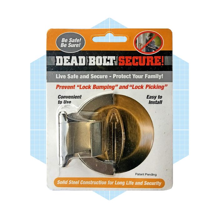 A deadbolt security device is displayed on packaging. It prevents lock tampering, is convenient to use, and is easy to install, ensuring home safety.