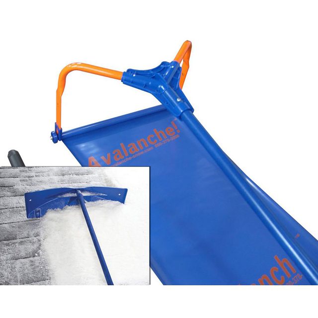 A blue snow shovel is positioned upright, designed for clearing snow, with a close-up showing it in action on a snowy surface.