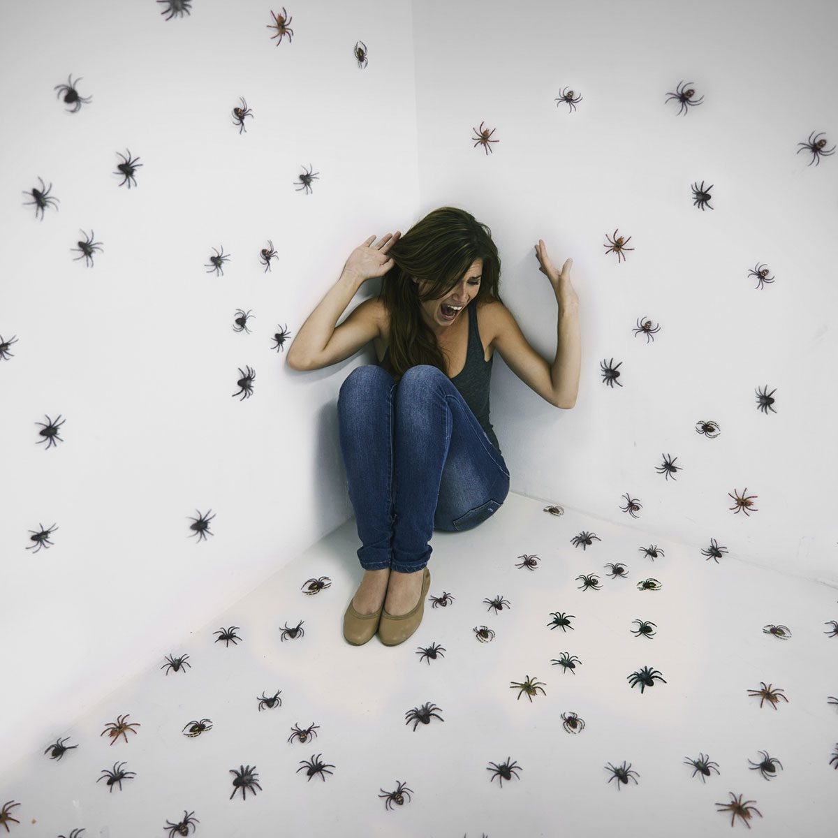 A woman crouches in a corner, screaming as plastic spiders cover the walls and floor in a stark, white room.