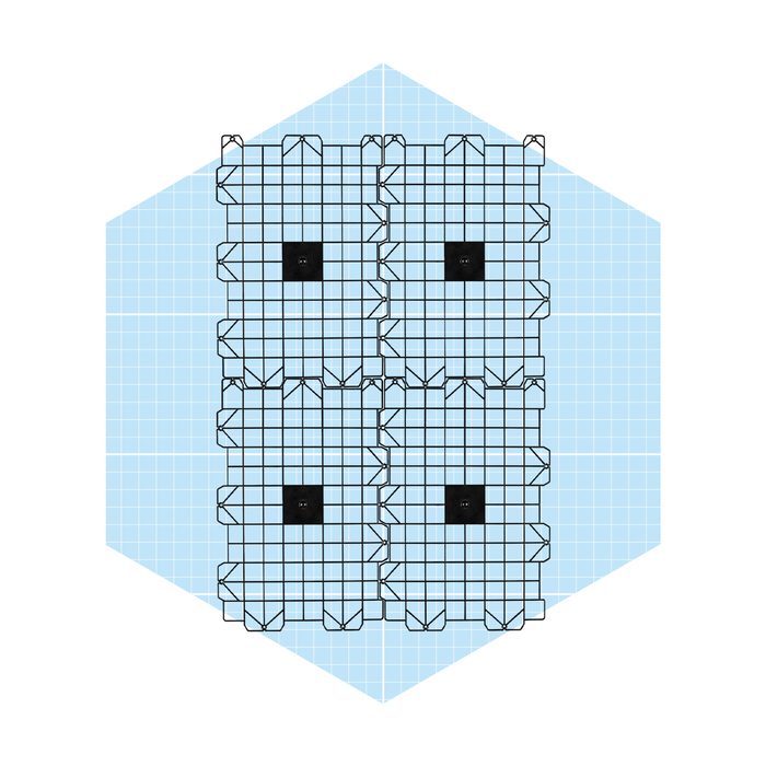 A grid pattern of four interconnected black squares is positioned on a light blue hexagonal background, resembling a design for a layout or structure.