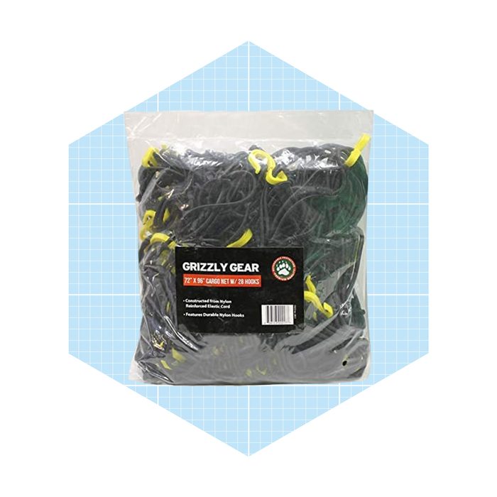 A package contains a cargo net made of nylon, featuring yellow hooks, designed for securing items, set against a light blue grid background.