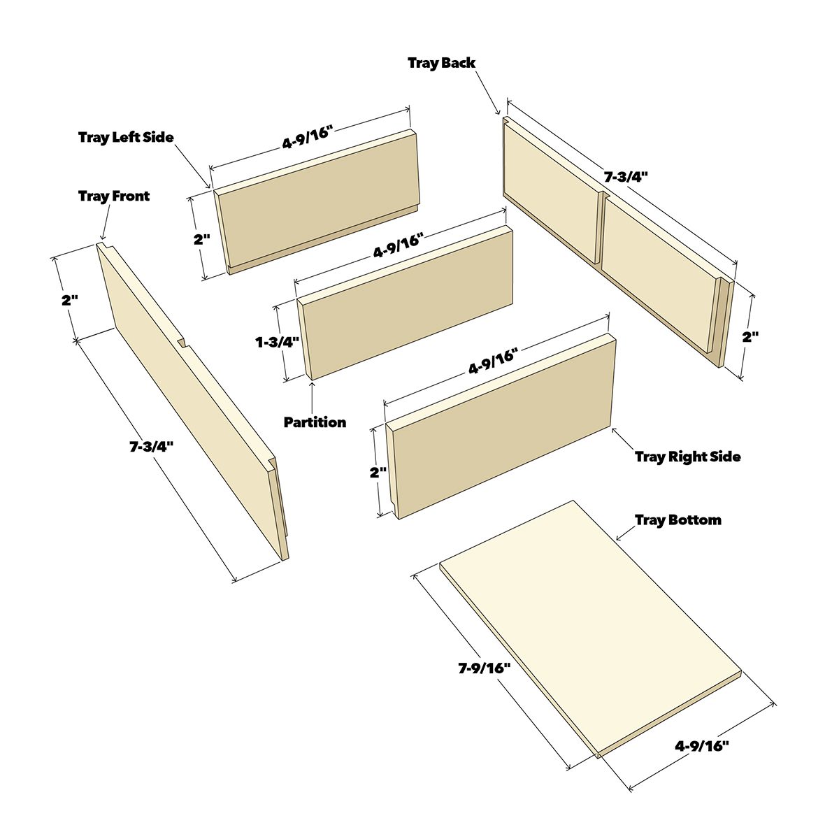 Several tray components are laid out, labeled with dimensions, showcasing an assembly process in a workshop setting focused on creating a tray.