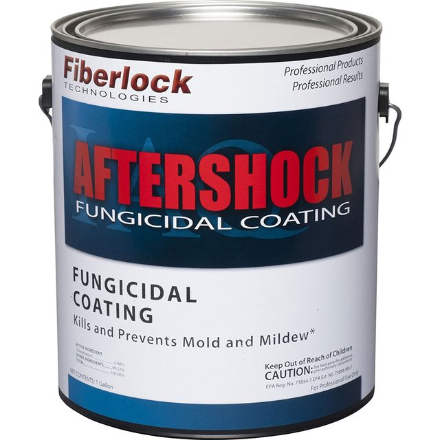 A paint can labeled "Aftershock Fungicidal Coating" sits upright, indicating its purpose to kill and prevent mold and mildew in various environments.