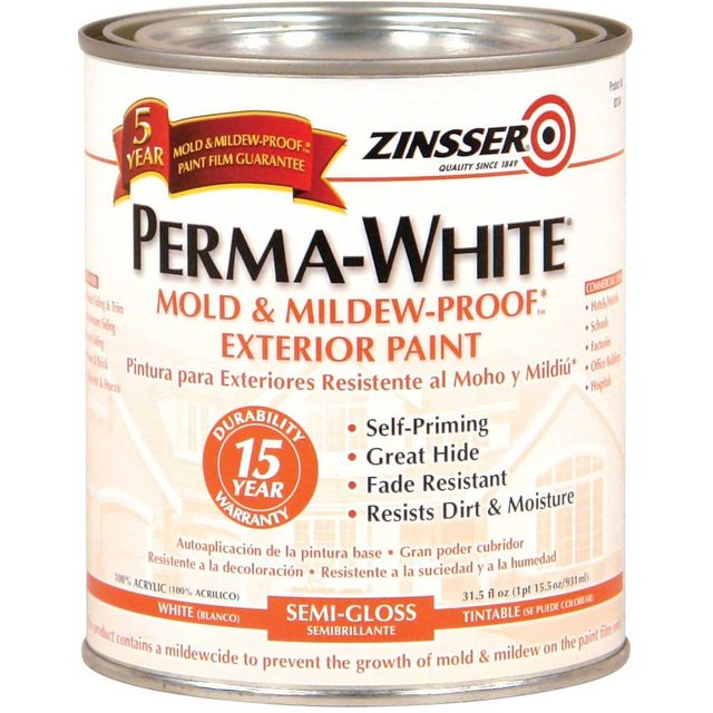 A paint can displays "Perma-White," promoting mildew-proof properties. It offers features like self-priming and fade resistance, set against a white background.