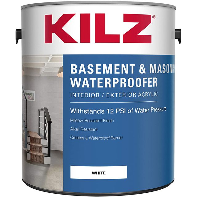 A paint can labeled "Basement & Masonry Waterproofer" sits stationary, promoting waterproofing capabilities for indoor and outdoor use in a construction or home improvement context.