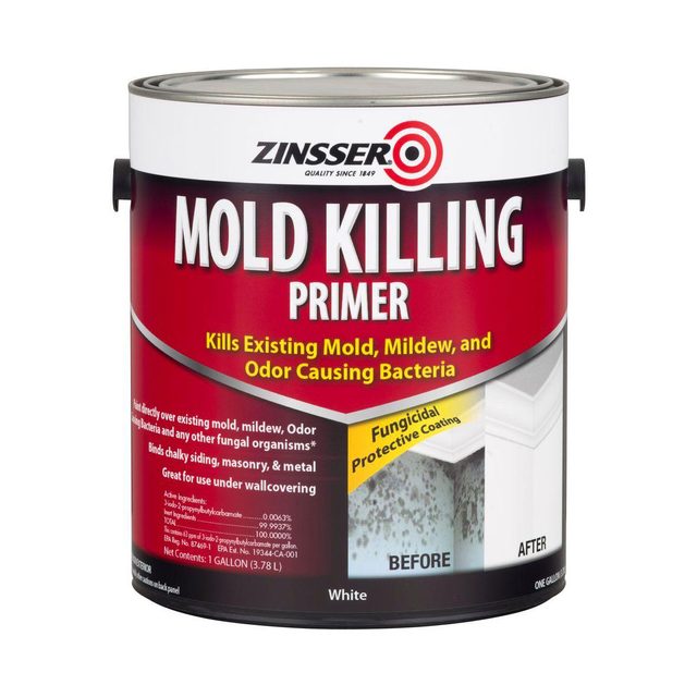 A can of mold-killing primer sits upright, labeled with usage instructions and benefits, showing a before-and-after image of treated surfaces in a clean, bright setting.