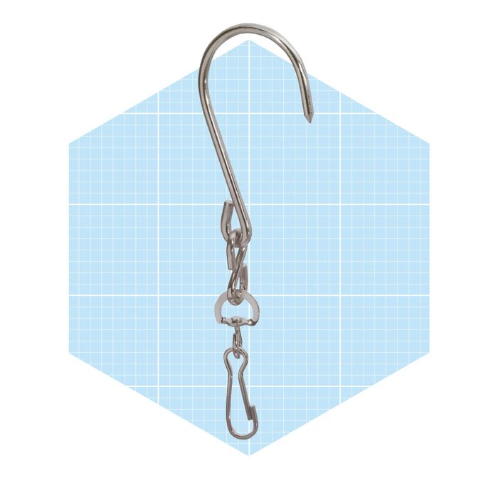 A stainless steel hook hangs down, connected to a swivel and clip below, set against a light blue grid-patterned background.