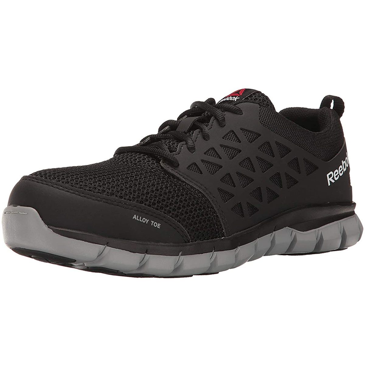A black athletic shoe features a mesh upper with a diamond pattern, designed for comfort and breathability, suitable for various active environments.
