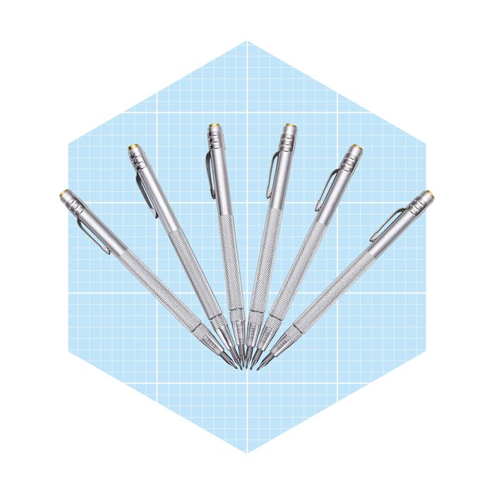 Six silver pens radiate outward from a central point against a light blue grid background, showcasing their sleek design.