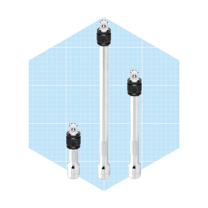 Three metal socket extensions of varying lengths are positioned upright against a light blue grid background, showcasing their polished surfaces and textured grips.