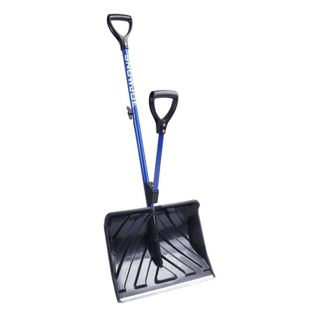 A blue snow shovel stands upright, featuring a wide, flat blade for scooping snow, ready for use in a wintery environment.