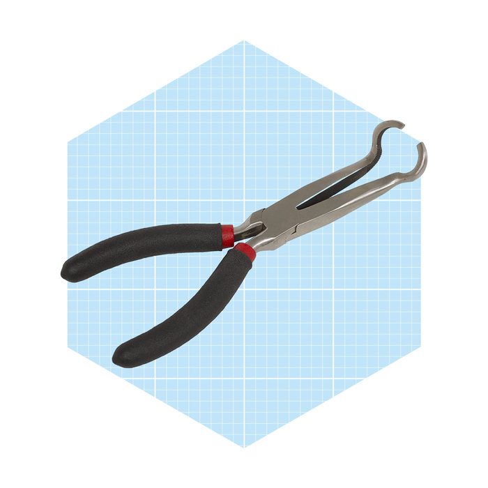 Pliers with curved tips and rubber grips rest against a light blue grid-patterned background, suggesting use in tasks requiring precision and grip.