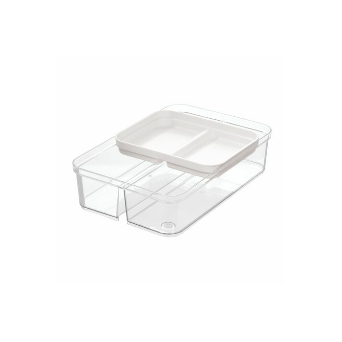 A clear plastic container with a removable white divider sits flat. The divider creates two separate sections for organizing items within the container.