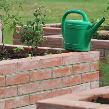A green watering can rests on a brick garden bed, surrounded by growing plants in dirt-filled raised beds, set against a grassy background.