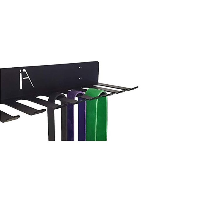 A black wall-mounted rack holds five colorful resistance bands, arranged horizontally, with a clean, minimalistic design suitable for exercise equipment storage.