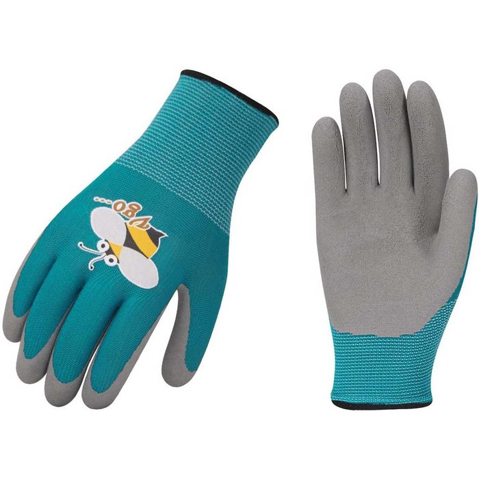 Colorful gloves with a textured grip are displayed side by side, one showing a cartoon bee design, suggesting use in gardening or outdoor tasks.