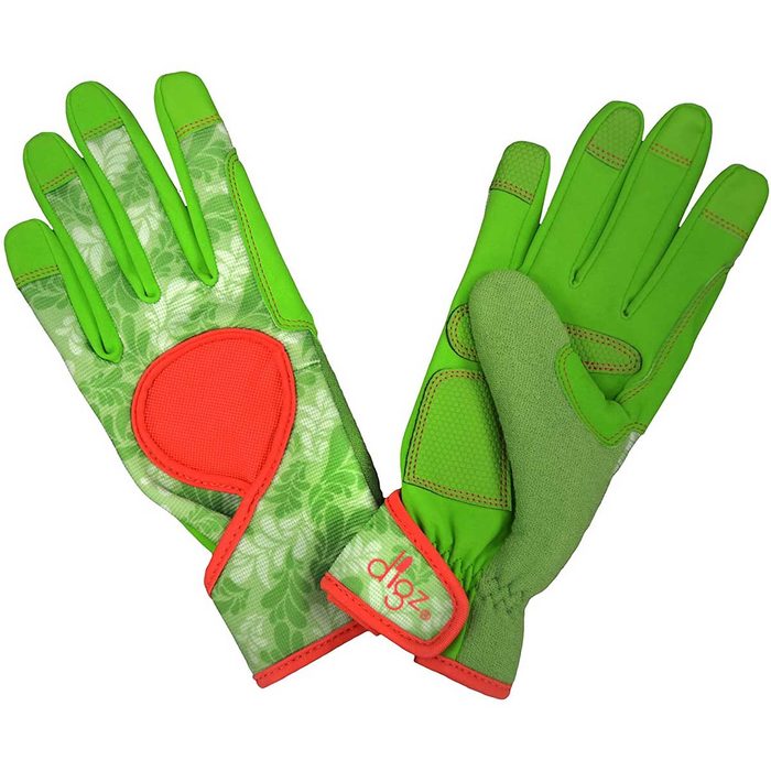 Bright green gardening gloves are positioned with palms facing up, showcasing a floral pattern and reinforced grips, set against a neutral background.