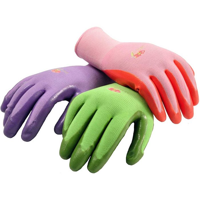 Three colorful gloves in purple, green, and pink are stacked together, showcasing their textured surfaces, suitable for gardening or outdoor activities.