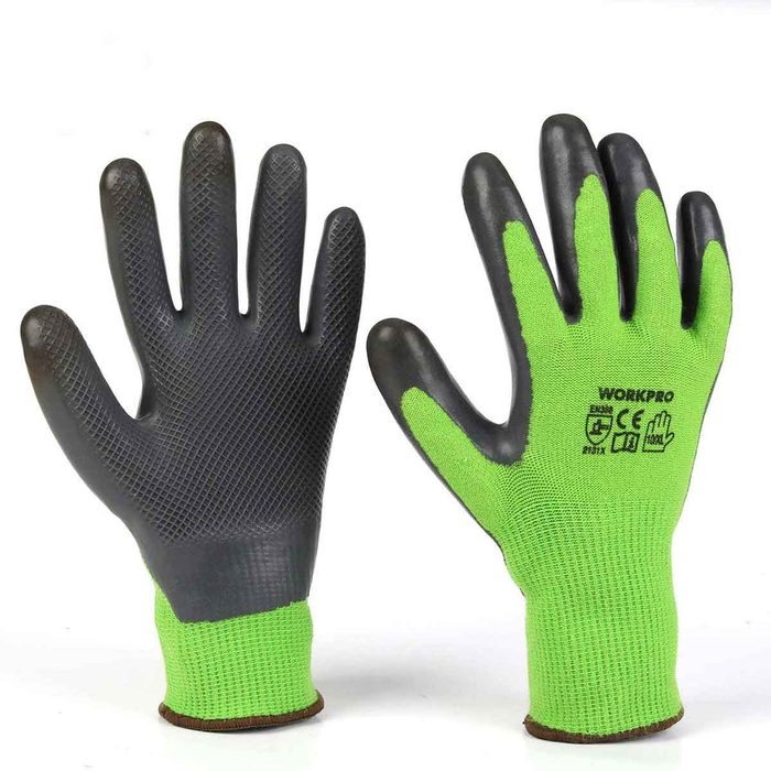 Two gloves, one black and one green, are positioned side by side, showcasing a textured grip and knitted wrist cuffs for protection during manual tasks.