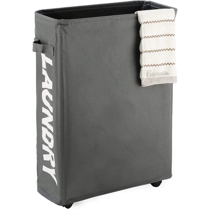 A gray laundry hamper with 