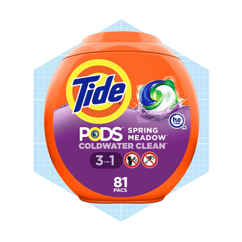 A round orange container labeled "Tide PODS" holds laundry detergent packets, featuring a green and blue swirl. It emphasizes cold water cleaning with 81 packs inside.