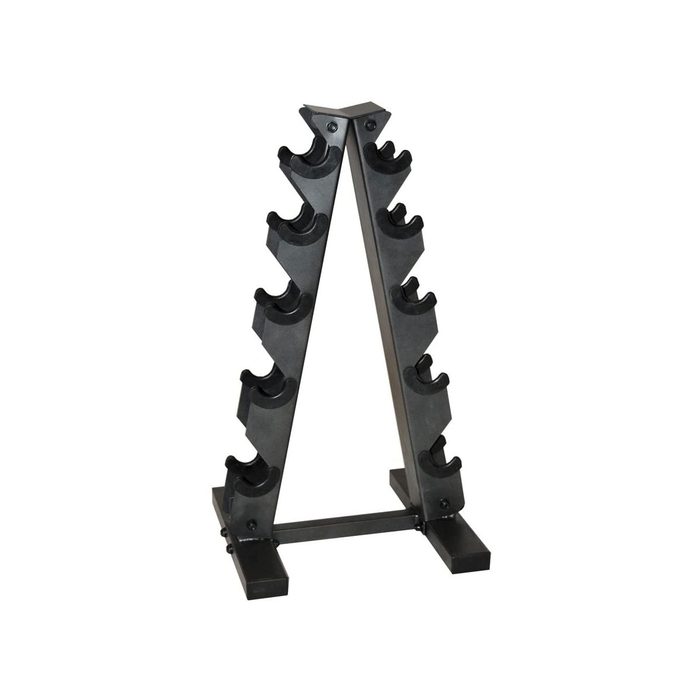 A black weight rack stands upright, designed to hold multiple weights, with a triangular shape and several curved slots for easy placement and access.