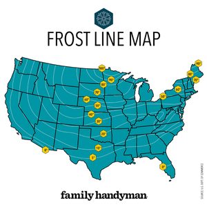 A map of the United States displays frost line depths, marked with numbers ranging from 0 to 100 inches, indicating varying frost penetration across regions.