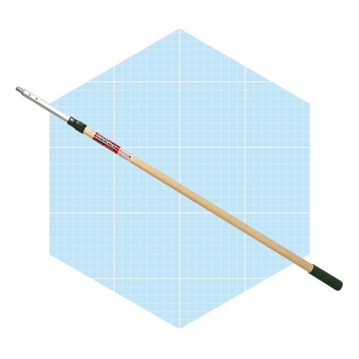 A long, wooden pole with a silver attachment at one end is displayed against a light blue grid background, suggesting it