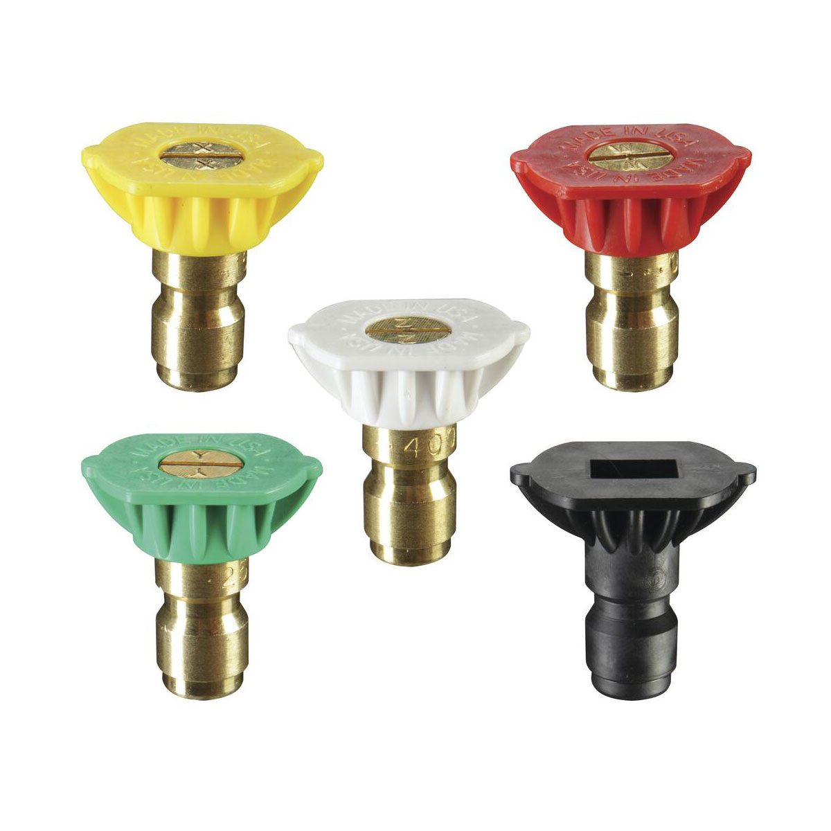 Five pressure washer spray nozzles of various colors (yellow, green, red, white, black) are displayed, each attached to a metal connector, showcasing different spray patterns.