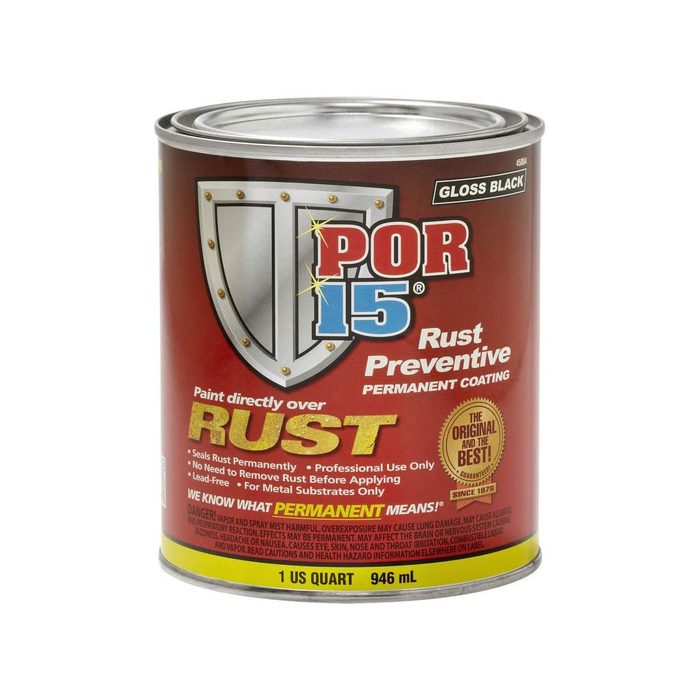 A quart can of POR-15 Rust Preventive coating is displayed, labeled for application directly over rust, emphasizing permanent protection and professional use only.