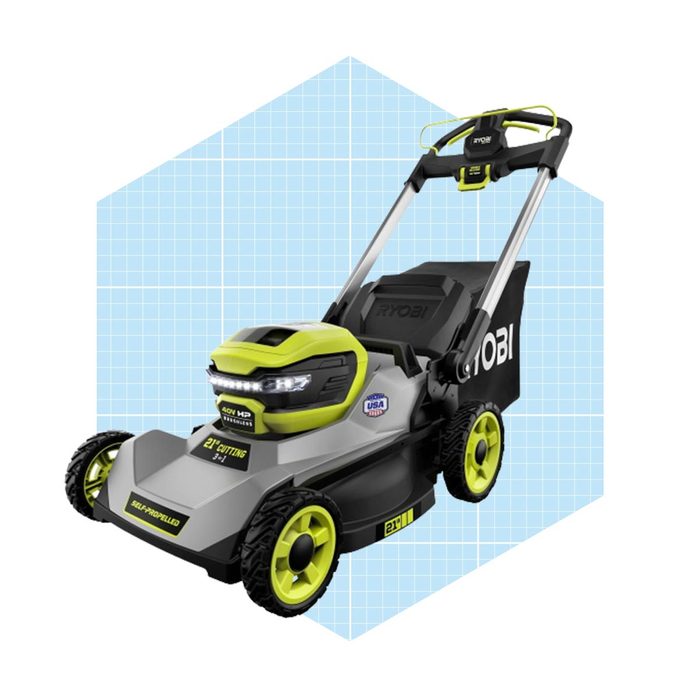 A self-propelled lawn mower is displayed, designed for cutting grass. It features a sleek body with green and gray accents, set on a grid background.