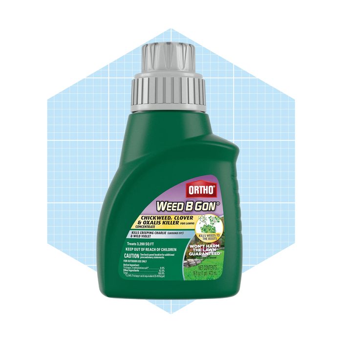 A green bottle of weed killer is displayed against a light blue geometric background, labeled 