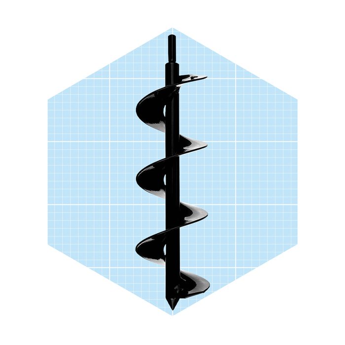 A black spiral auger stands upright, designed for drilling into surfaces, set against a light blue grid background.