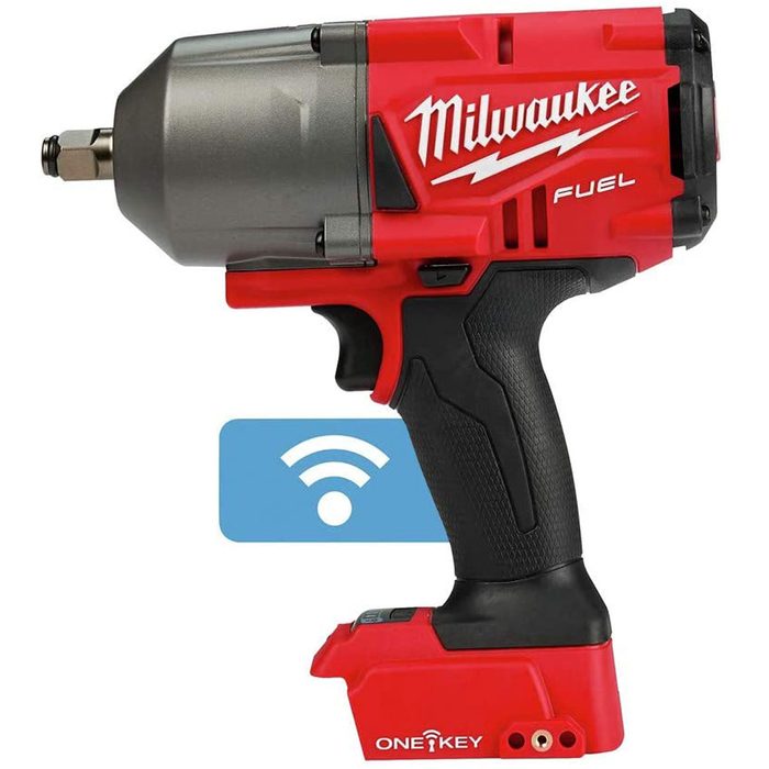 A red and gray power tool is positioned upright, featuring a Wi-Fi symbol on its side, designed for heavy-duty fastening tasks.