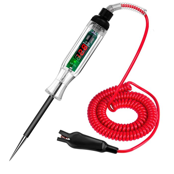 A digital multimeter probe measures electrical voltage, connected by a coiled red wire to an alligator clip, positioned against a neutral backdrop.