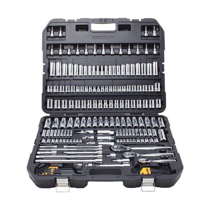 A black tool case is open, displaying numerous shiny metal sockets and tools organized neatly. It is designed for mechanical work or repairs.