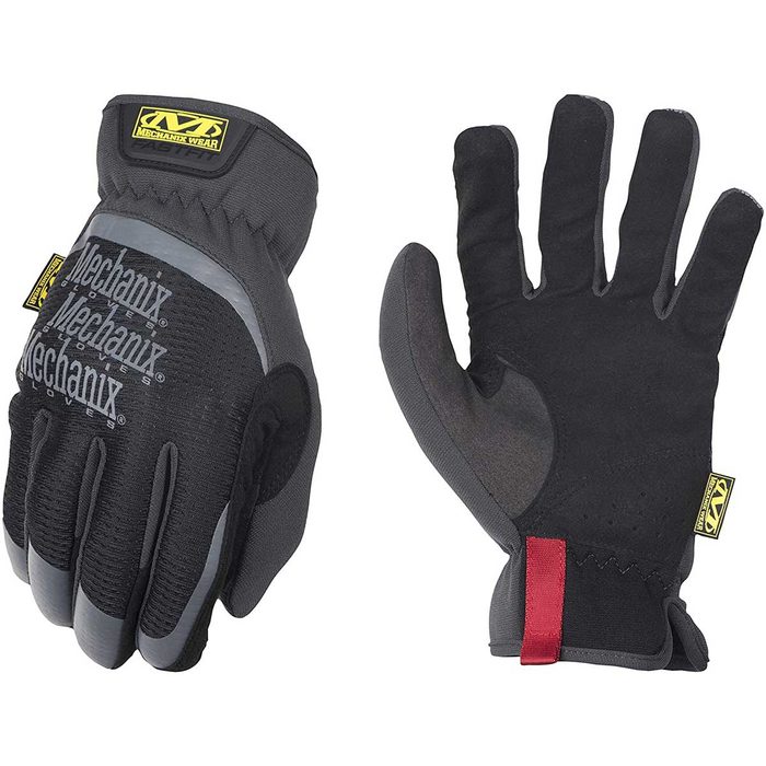 Two black work gloves, one open and one in a half-fist position, showcasing textured grips and a branded logo, laid against a neutral background.