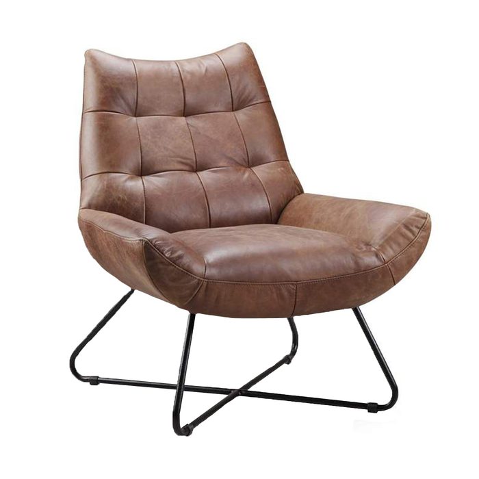 A brown leather chair with a modern design sits on a black metal frame, offering a comfortable seating option for indoor spaces.