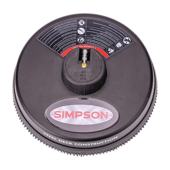 A circular pressure washer attachment is shown, featuring a black and red design, labeled 