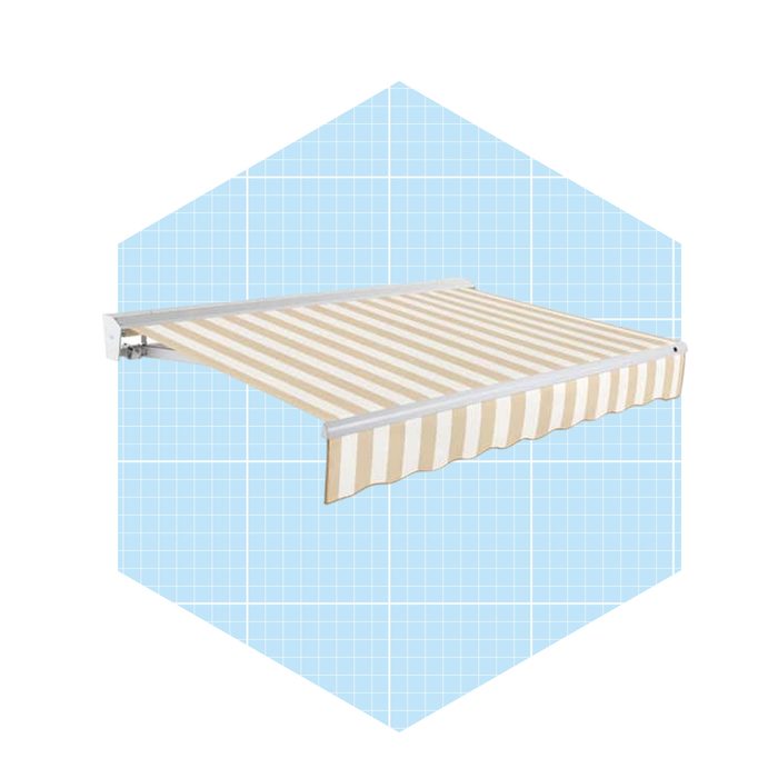 A striped awning extends outward, providing shade. It stands against a light blue grid background, suggesting an outdoor setting.