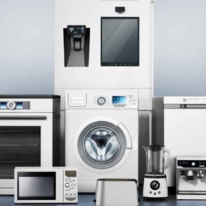 A collection of modern kitchen appliances, including a refrigerator, oven, washing machine, and blender, displayed against a light gradient backdrop.